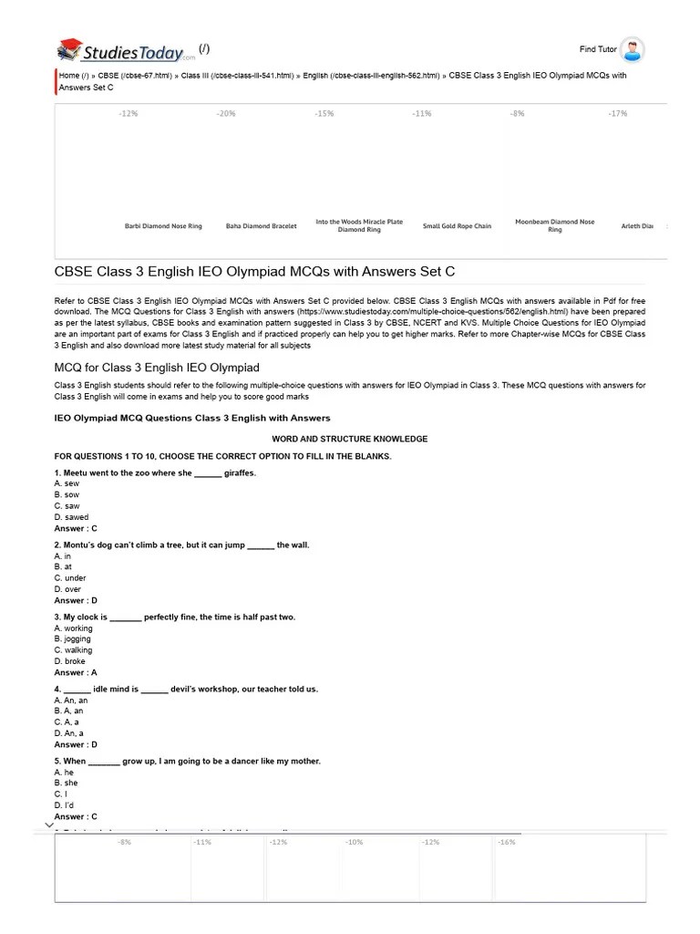 CBSE Class 3 English IEO Olympiad MCQs With Answers Set C, Multiple ...