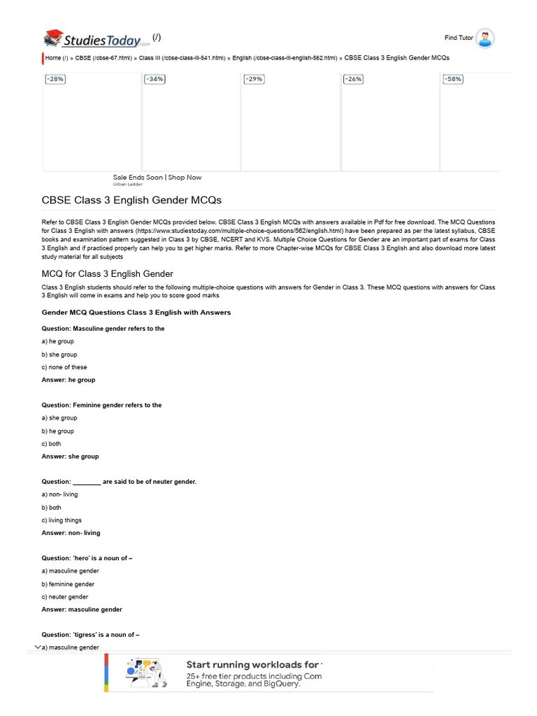 CBSE Class 3 English Gender MCQS, Multiple Choice Questions | PDF | Multiple Choice ...