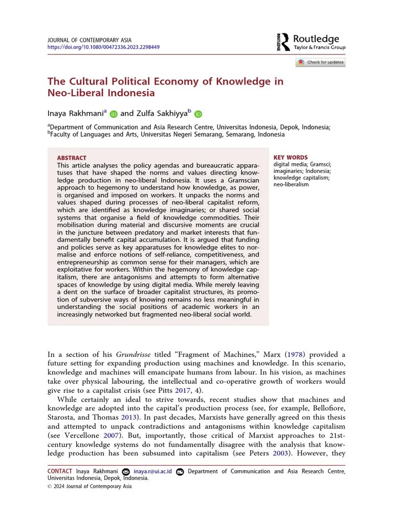 The Cultural Political Economy Of Knowledge In Neo-Liberal Indonesia | PDF | Capitalism | Economies