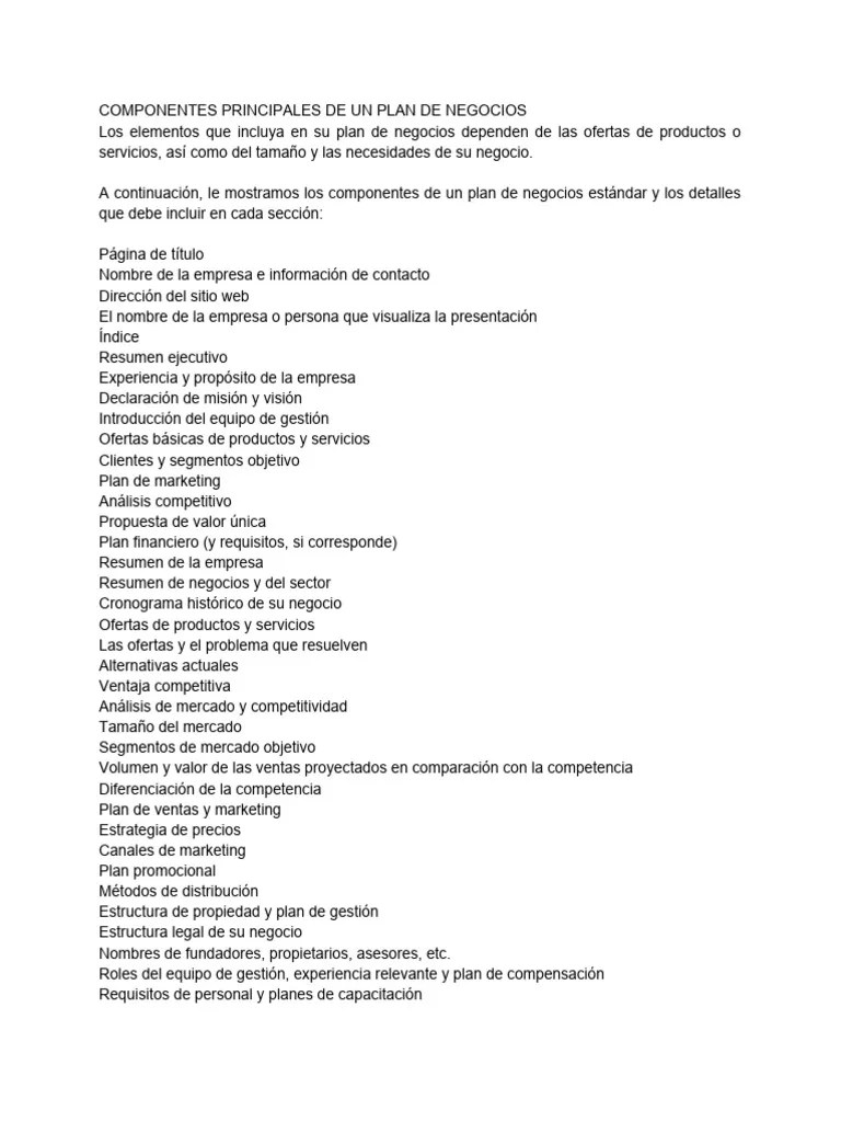 Componentes Principales De Un Plan De Negocios | PDF | Plan De Negocios ...