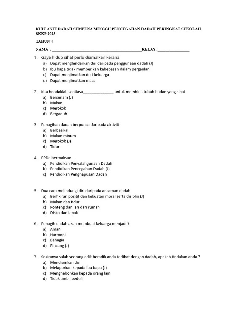 KUIZ ANTI DADAH TAHUN 4 | PDF