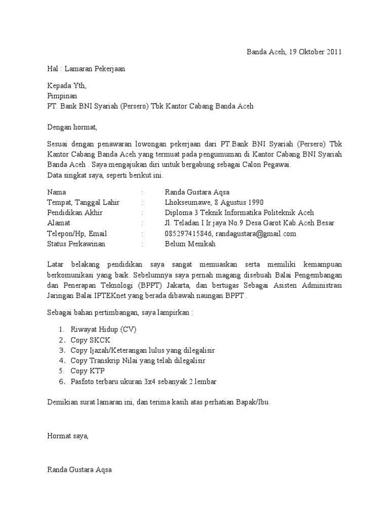 Doc Surat Lamaran 3 Bank Bni Hendra Aris Setiawan Academia Edu 