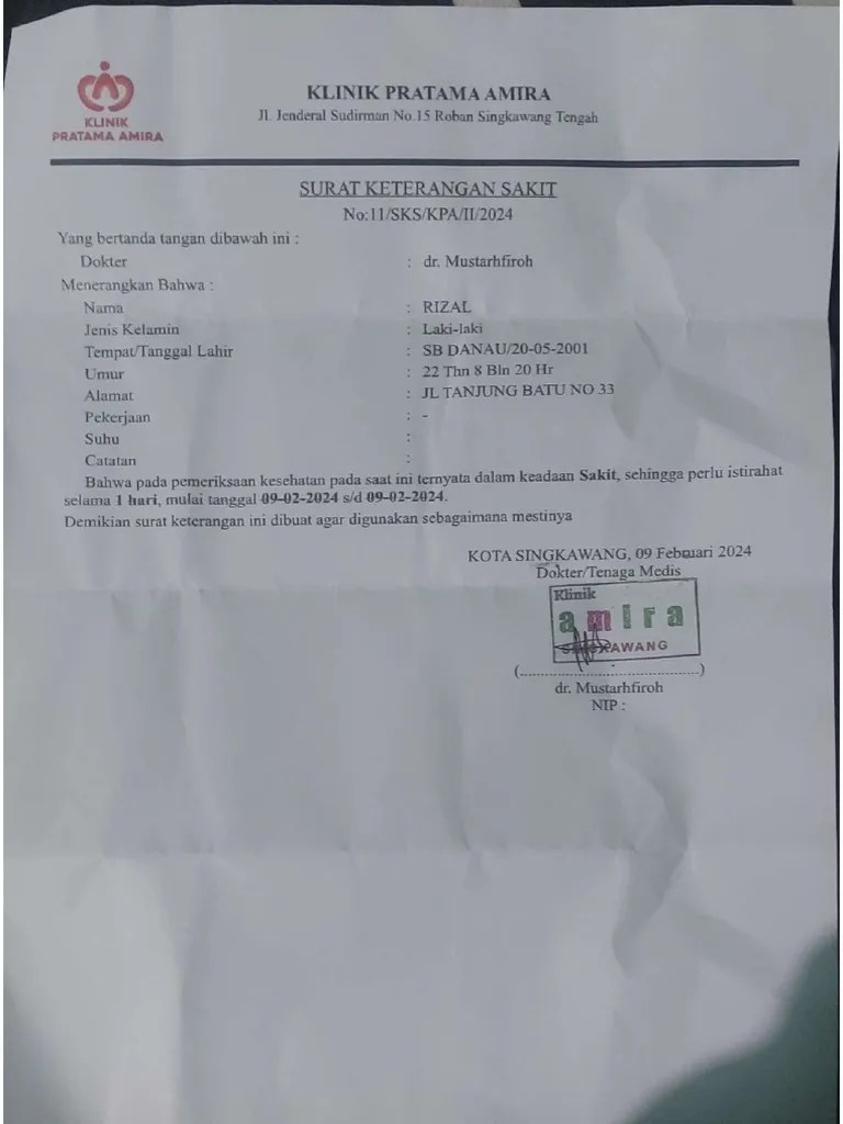 Surat Keterangan Sakit Klinik Amira Singkawang | PDF