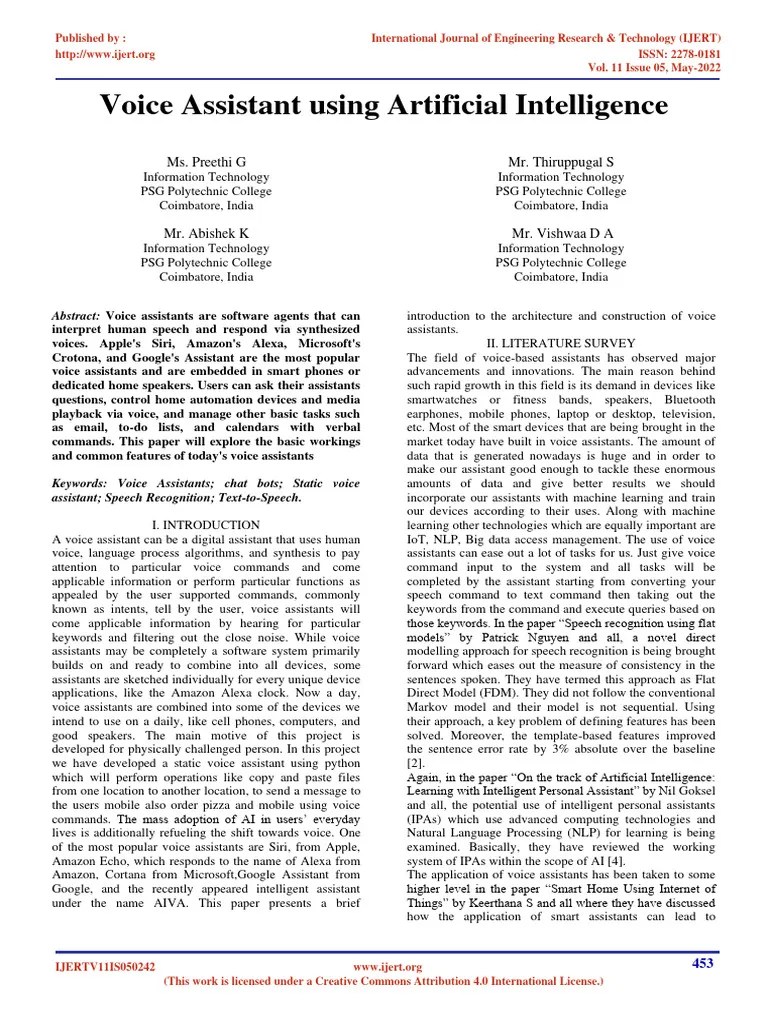 Voice Assistant Using Artificial Intelligence IJERTV11IS050242 | PDF ...