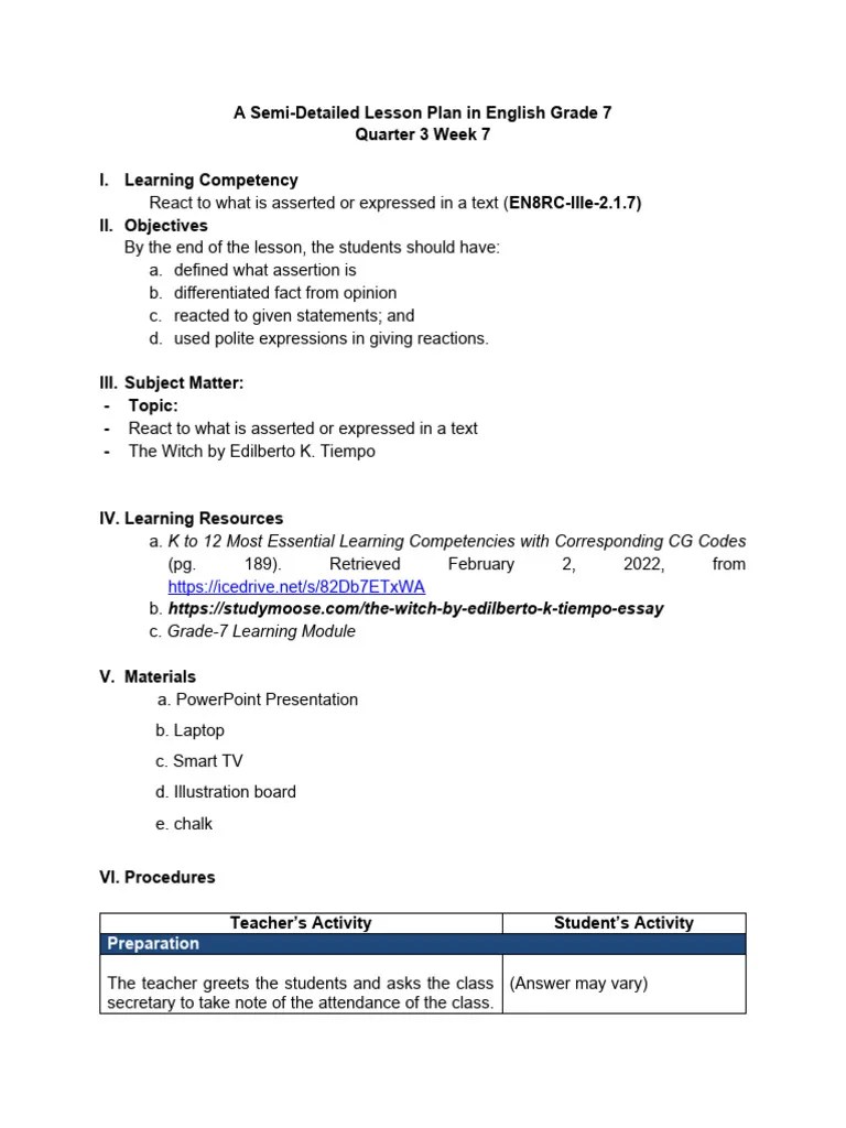 Semi Detailed Lesson Plan In English 7 | PDF | Learning | Lesson Plan