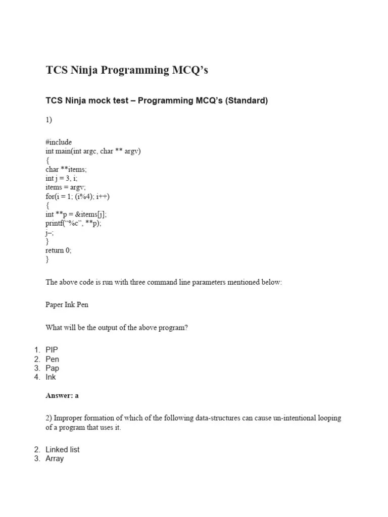 TCS Ninja Programming MCQ's | PDF | Computer Science | Computing