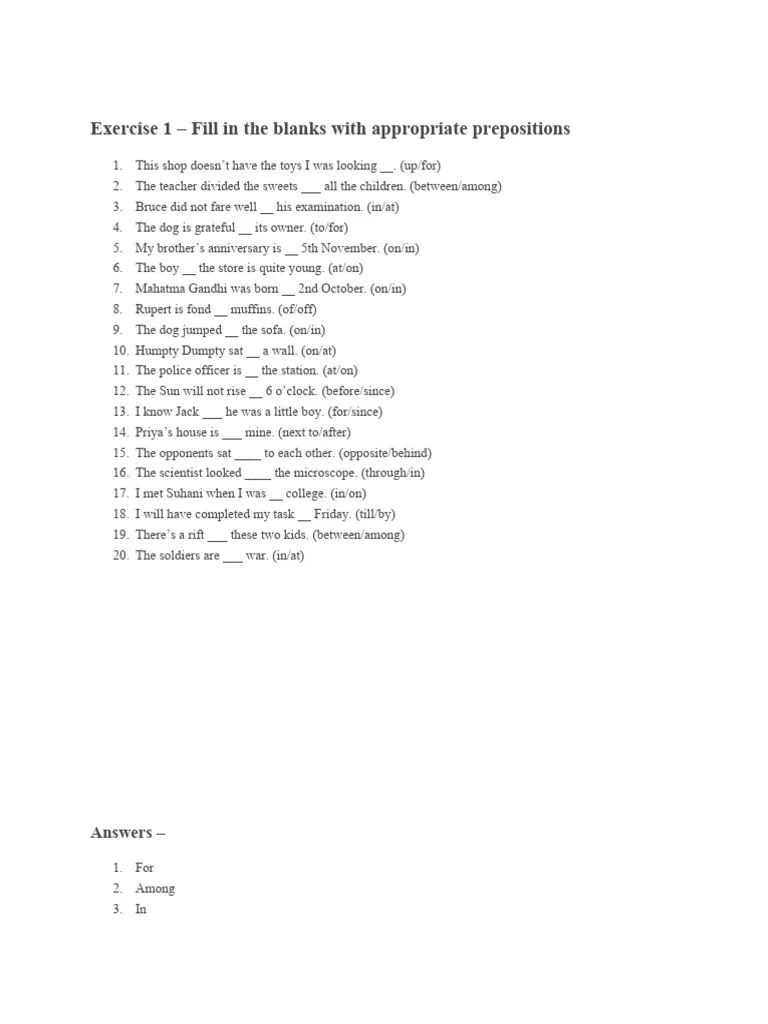 Preposition Exercise 1 | PDF | Language Arts & Discipline