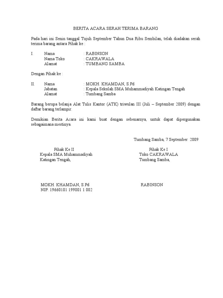 Nama, alamat, telepon, dan email kantor pengirim dokumen (kop surat). Berita Acara Serah Terima Barang