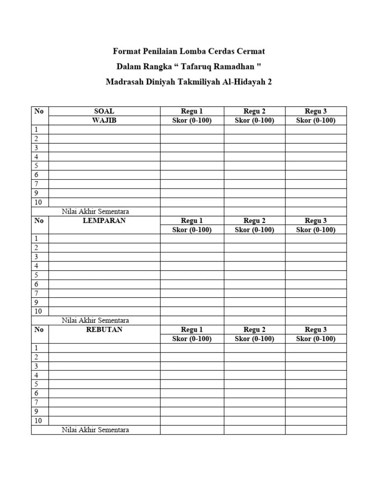 Draft Penilaian Lomba Cerdas Cermat | PDF