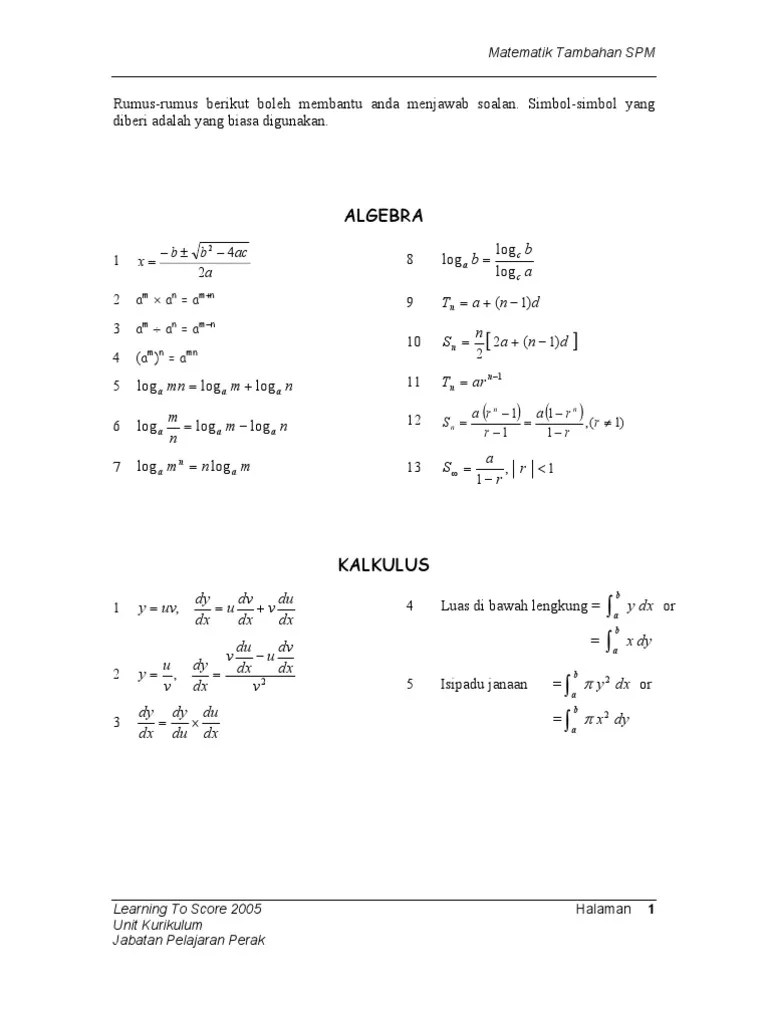 Senarai rumus dan formula matematik tambahan (additional mathematics) spm. Mate Tambahan Senarai Rumus Pdf