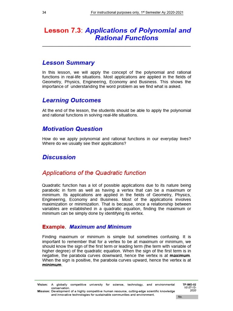 Lesson 7.3 - Applications Of Polynomials And Rational Functions | PDF ...