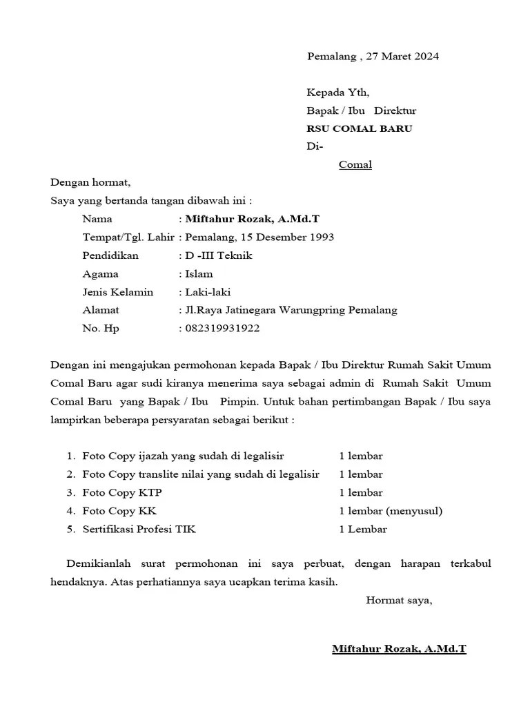 Surat Lamaran Kerja Dirumah Sakit | PDF