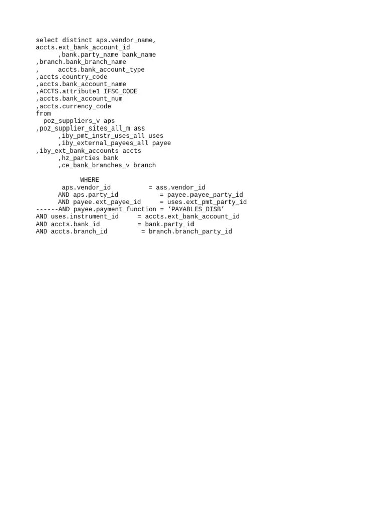 Query To Fetch Vendor Bank Detail In Oracle Fusion | PDF