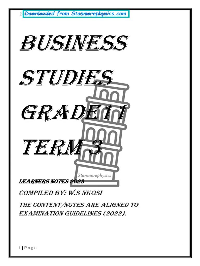 Business Studies Term 3 Grade 11 For 2023 | PDF