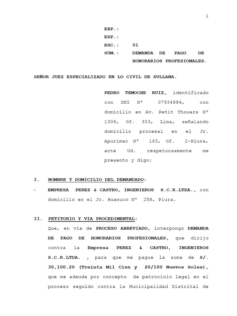Demanda Honorarios Profesionales | PDF | Demanda Judicial | Sentencia (ley)