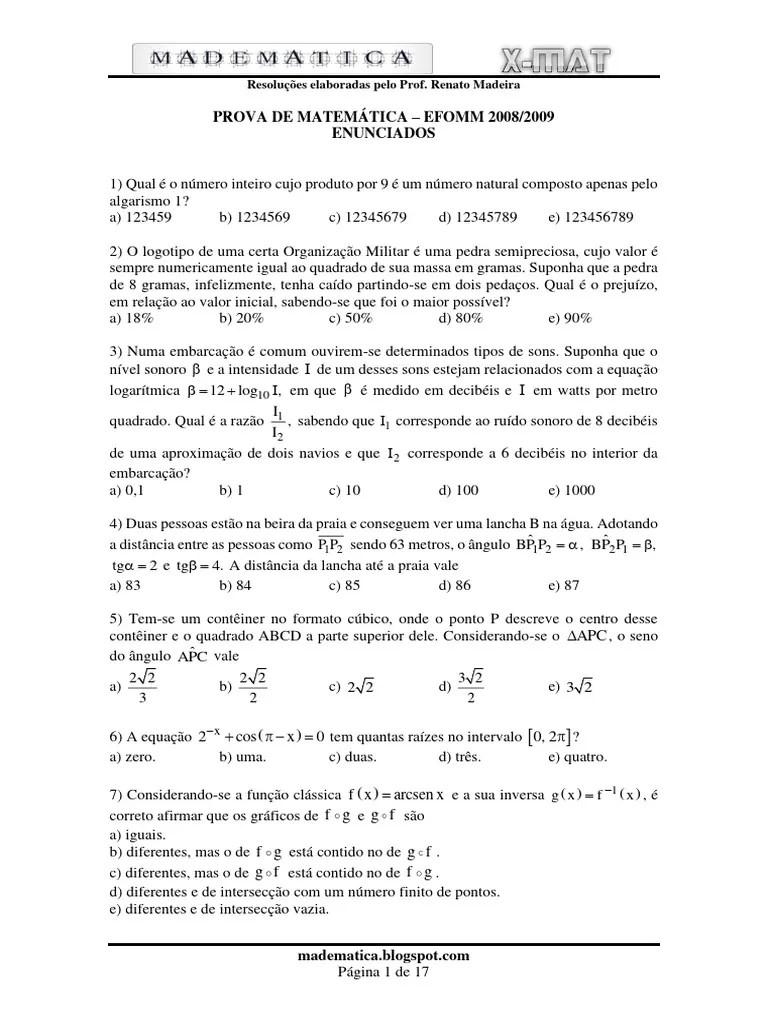 Prova De Matemática Efomm 2008-2009 Resolvida | PDF | Círculo | Número Real