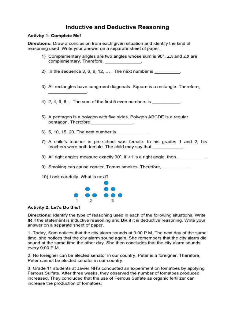 Inductive And Deductive Reasoning Activity | PDF | Teaching Methods ...