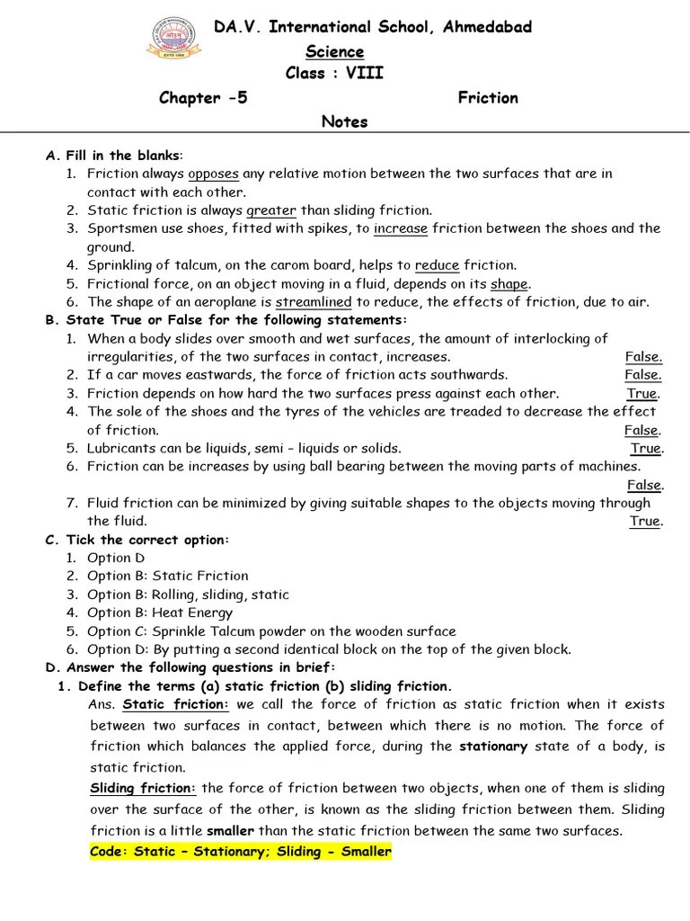 Class 8 - Science - CH - 5 - Friction - Notes | PDF | Friction | Force
