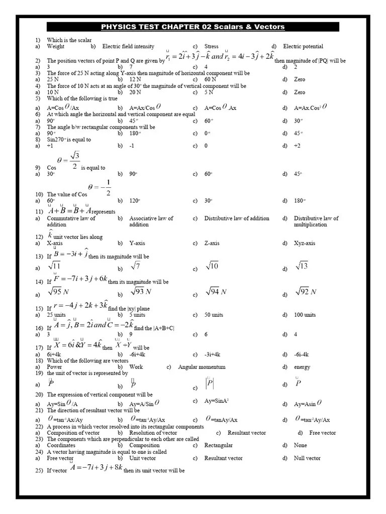 Physics Test CH 2 Scalars And Vectors | PDF | Euclidean Vector | Cartesian Coordinate System