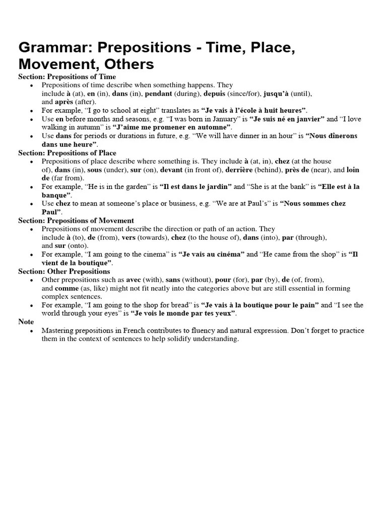 Grammar Prepositions - Time, Place, Movement, Others | PDF