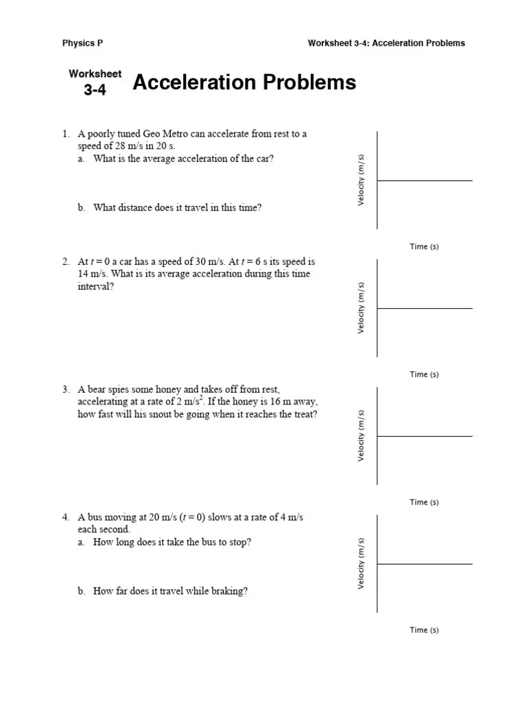 3-4 Worksheet Acceleration Problems | PDF | Speed | Acceleration