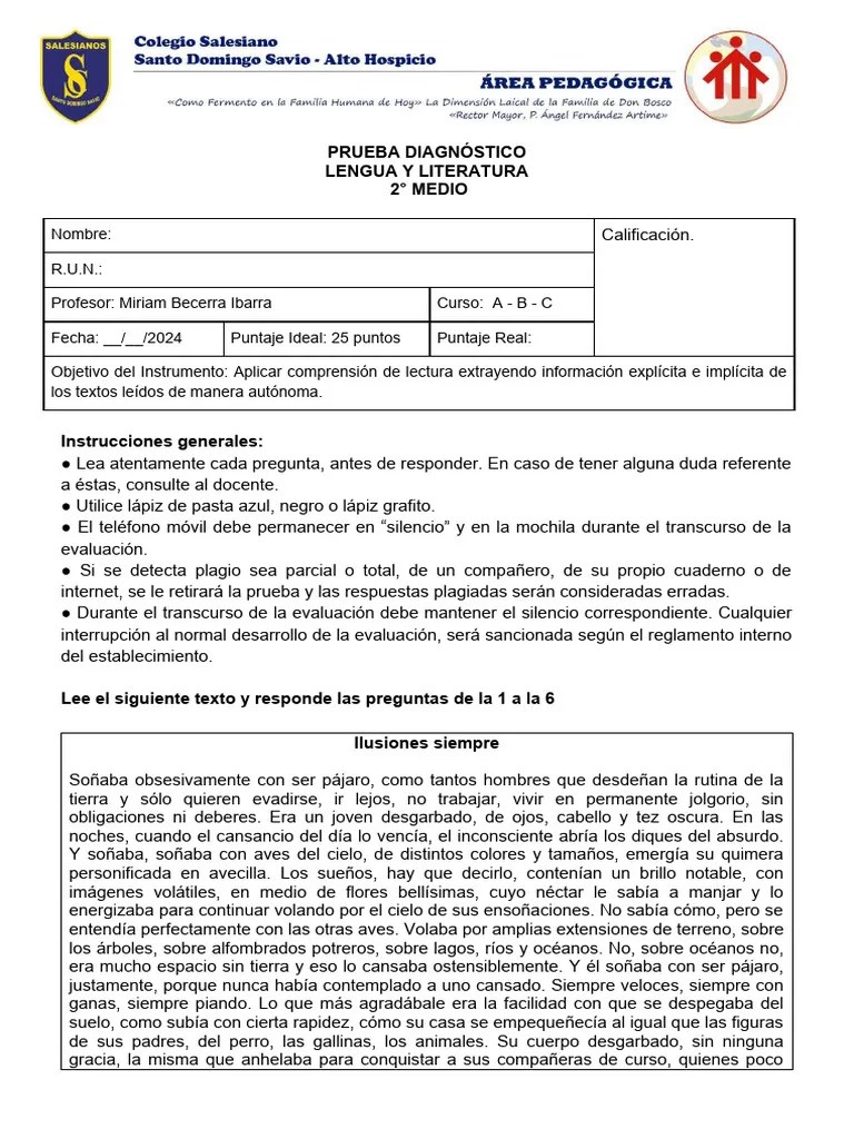 PRUEBA DIAGNÓSTICO 2024 Lengua Y Literatura | PDF | Ciencias De La Tierra