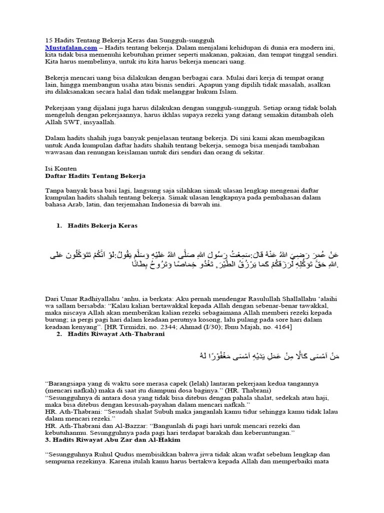 15 Hadits Tentang Bekerja Keras Dan Sungguh | PDF