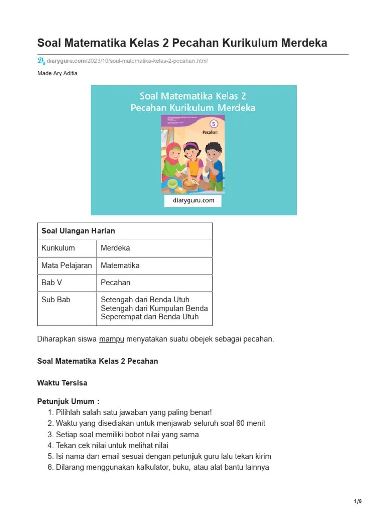 Soal Matematika Kelas 2 Pecahan Kurikulum Merdeka | PDF