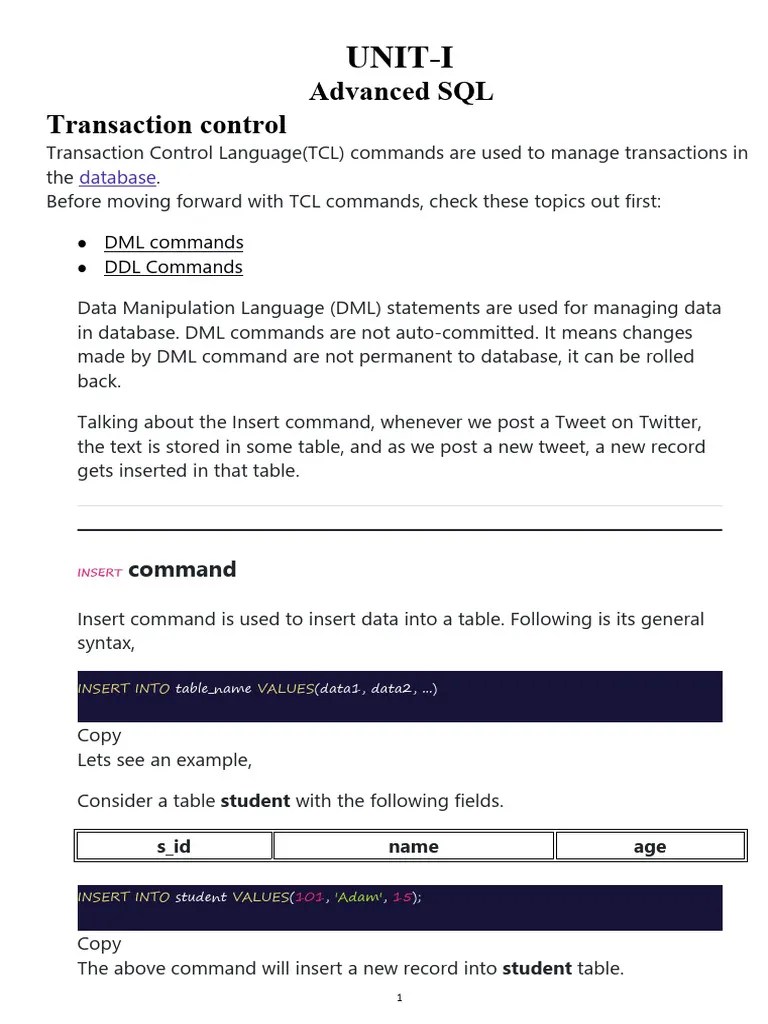 RDBMS Unit 1 | PDF | Sql | Table (Database)