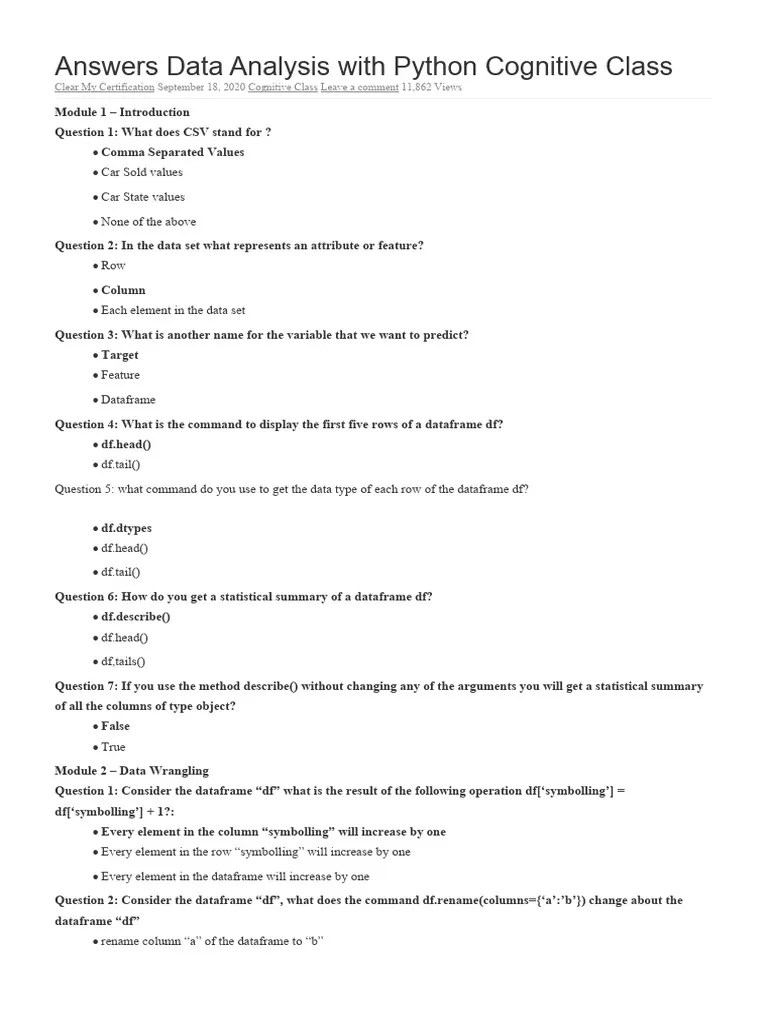 Cognitive Class - Answers Data Analysis With Python | Download Free PDF ...