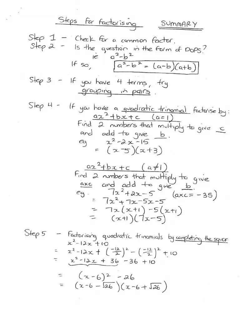 Step For Factorising - Summary | PDF