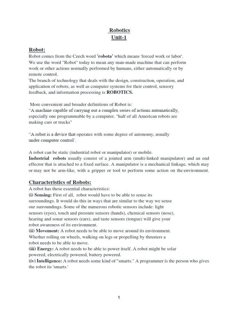 Robotics Unit-1 Notes | PDF | Robotics | Robot