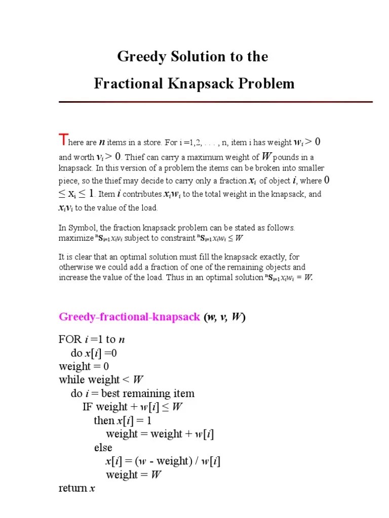 Greedy Solution To The Fractional Knapsack Prob | PDF | Mathematical ...