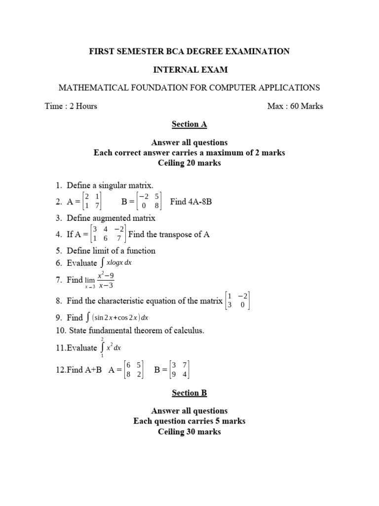 1ST Sem Bca Internal 2021 | PDF | Matrix (Mathematics) | Mathematical ...