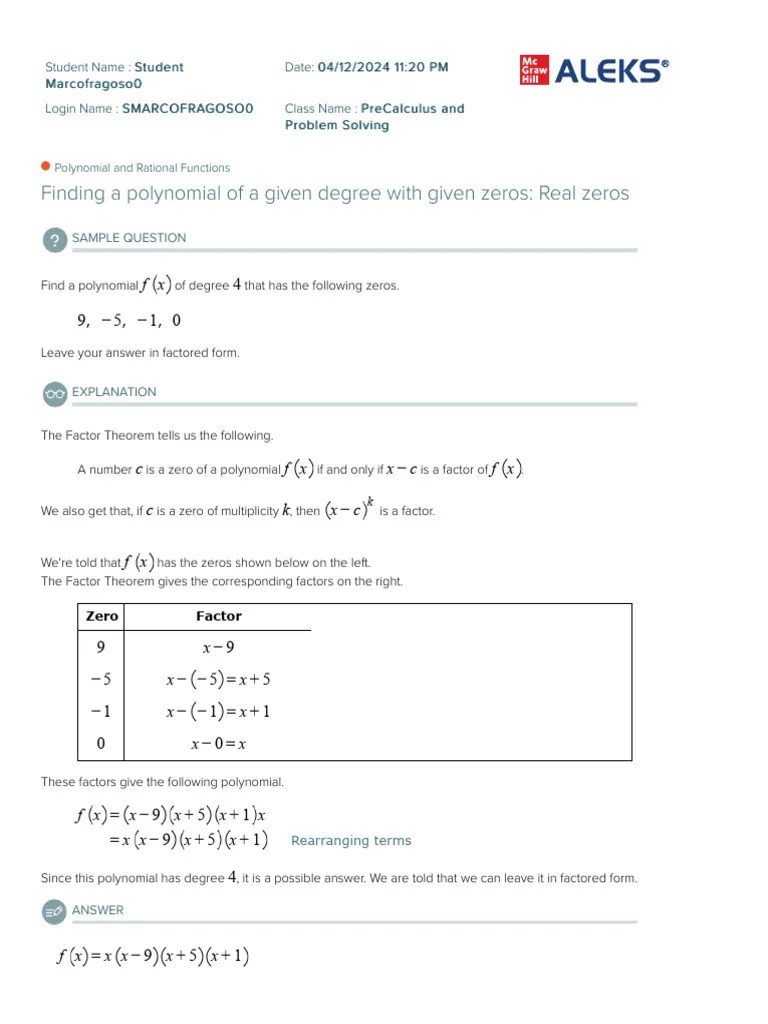 12 - Polynomial And Rational Functions - Finding A Polynomial Of A Given Degree With Given Zeros ...