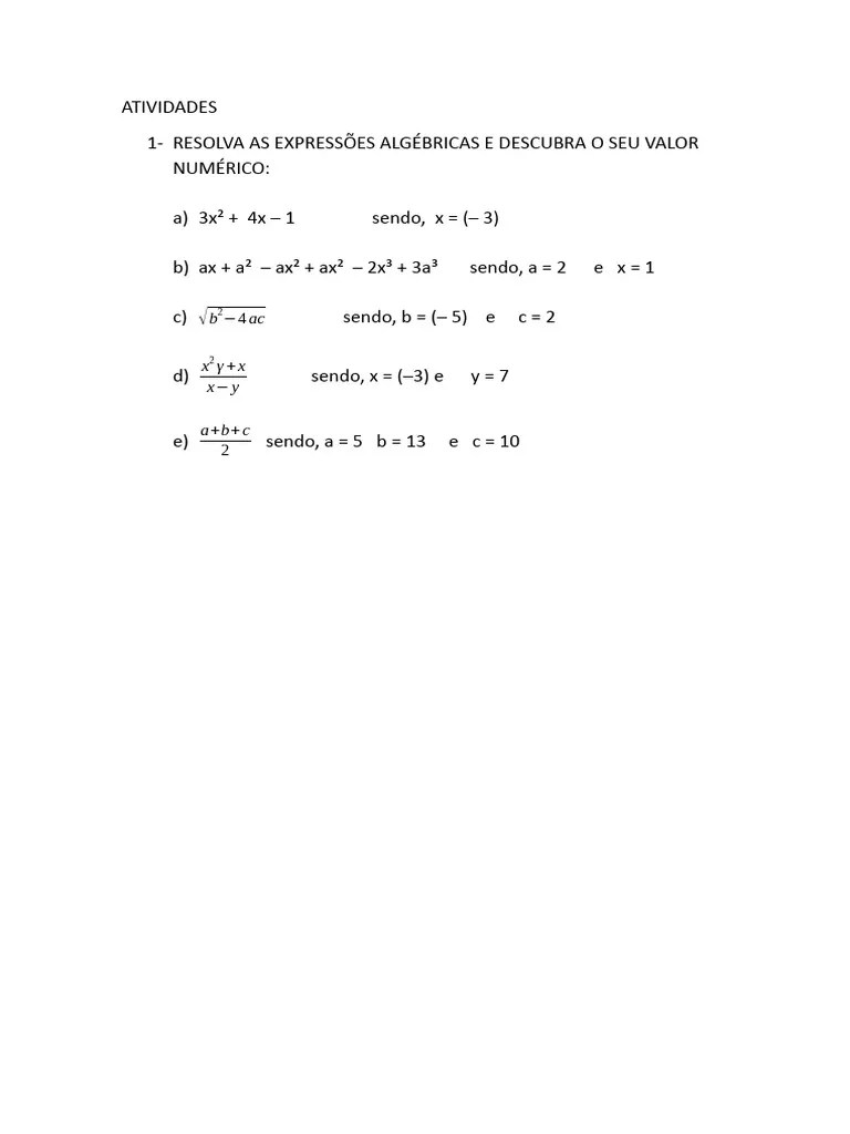 ATIVIDADES Valor Numérico 8 Ano | PDF