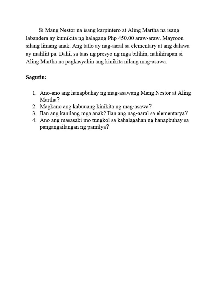 Si Mang Nestor Na Isang Karpintero At Aling Martha Na Isang Labandera Ay Kumikita Ng Halagang ...