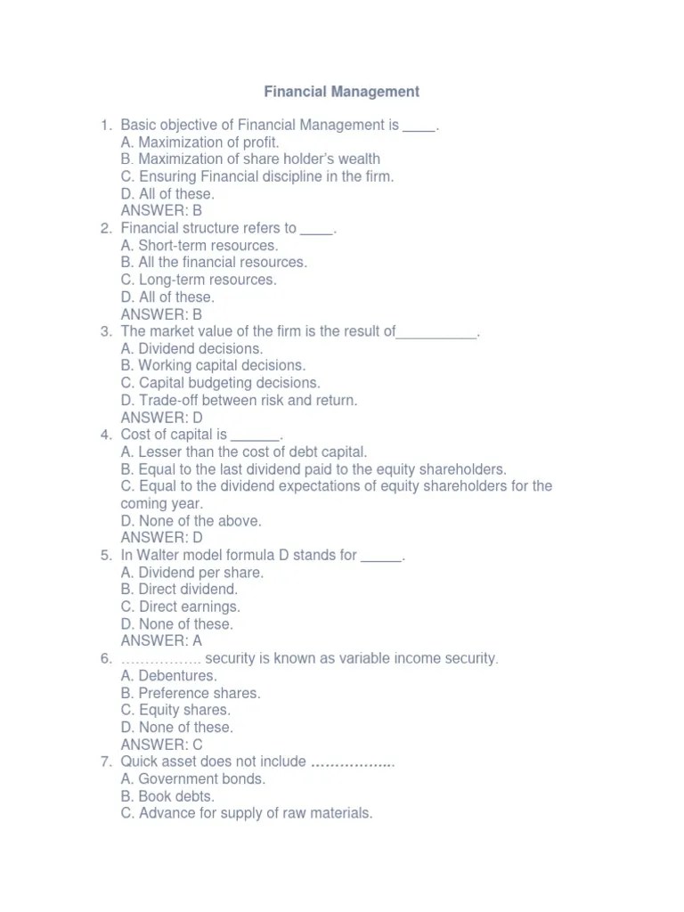 Financial Management MCQ Practice | PDF | Cost Of Capital | Investing