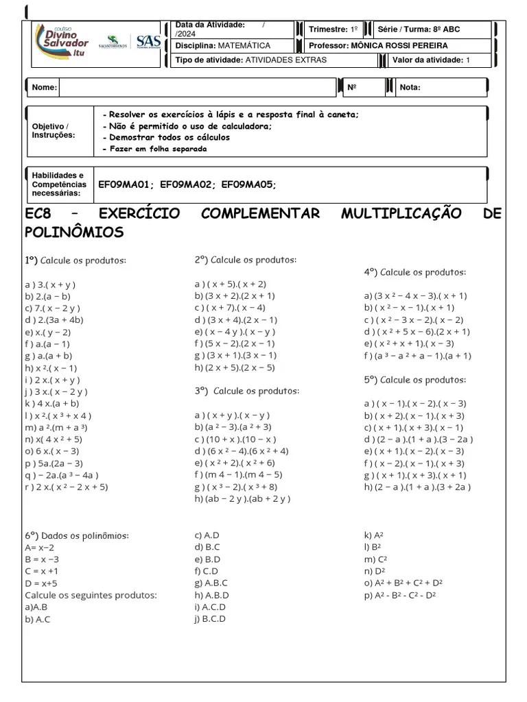 8°ABC - EC8 (MULTIPLICAÇÃO DE POLINÔMIOS) | PDF | Matemática