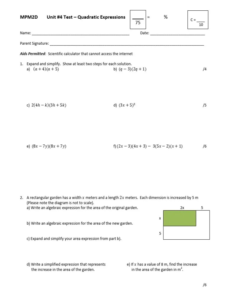 MPM2Dc Unit 4 Test Nov 2015 Blank For Exam Review | PDF | Factorization ...