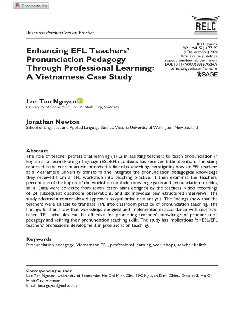 Nguyen Newton 2020 Enhancing Efl Teachers Pronunciation Pedagogy Through Professional Learning A ...