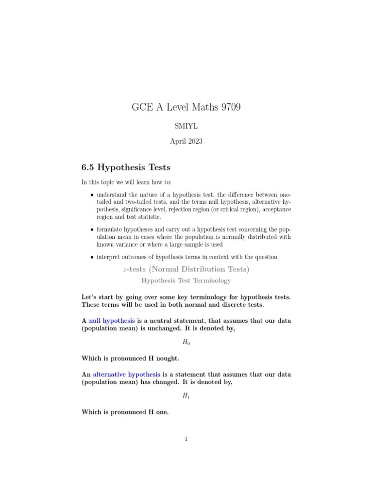 GCE A Level Hypothesis Tests Z Tests Normal Distribution Tests ...