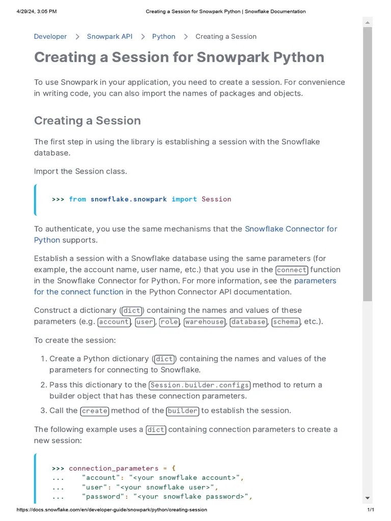 Creating A Session For Snowpark Python _ Snowflake Documentation | PDF