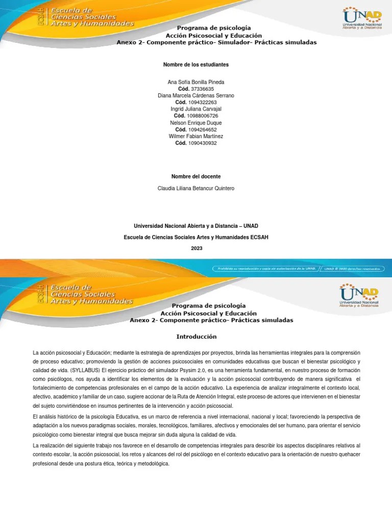 Anexo 1 - Componente Práctico- Prácticas Simuladas_Grupo 104. | PDF | Sicología | Psicología ...