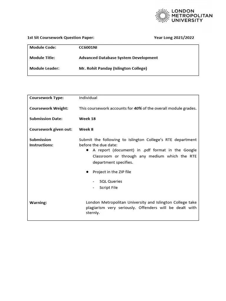 Advanced Database System Development Y21 (1st Sit) - CW QP | PDF ...