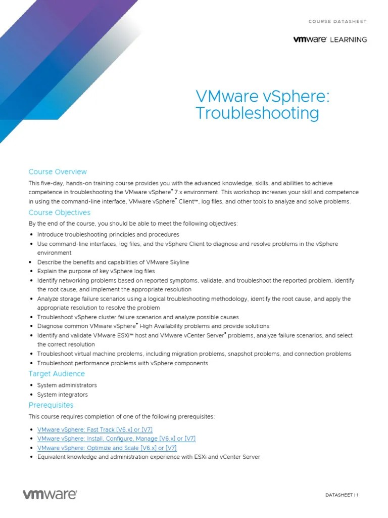 EDU - DATASHEET VMware Vsphere Troubleshooting V7 U1 | Download Free PDF | Troubleshooting ...