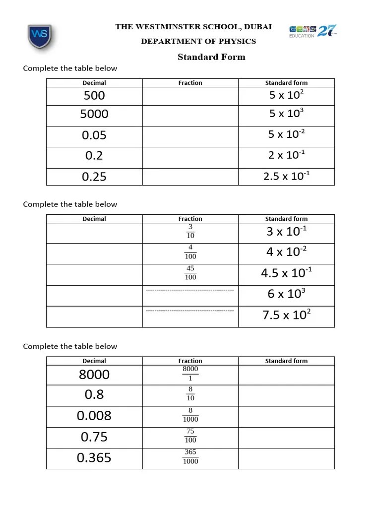 Standard Form Worksheet | Download Free PDF | Decimal | Encodings