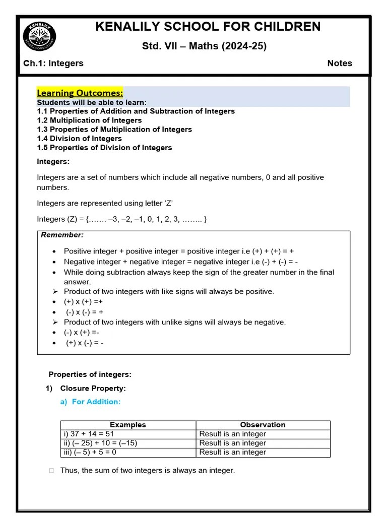 Class 7 - Ch.1 Integers Notes | PDF | Multiplication | Integer