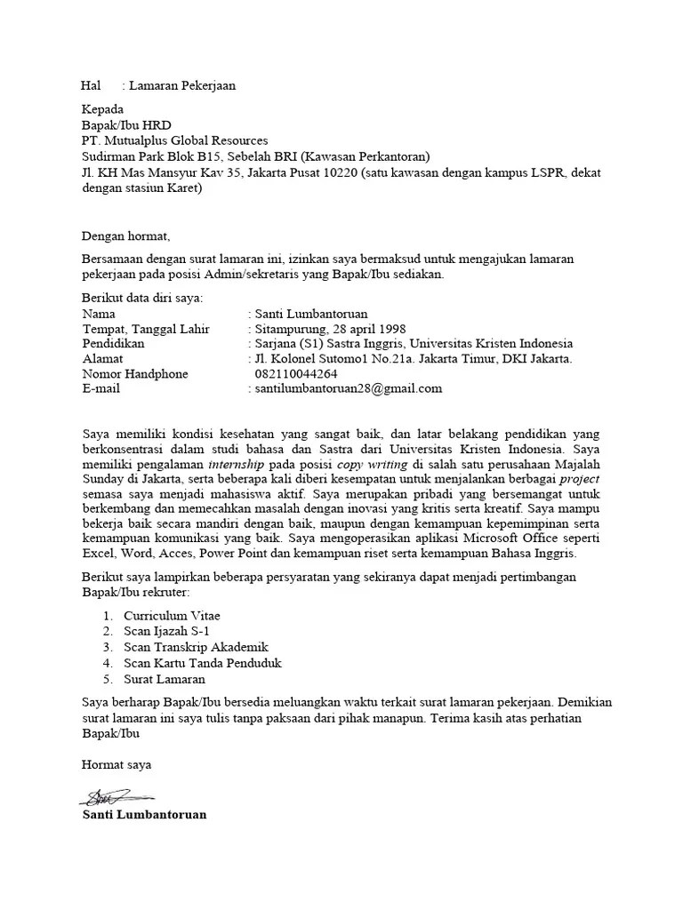 Cover Letter Santi Lumbantoruan PT. Mutualplus | PDF