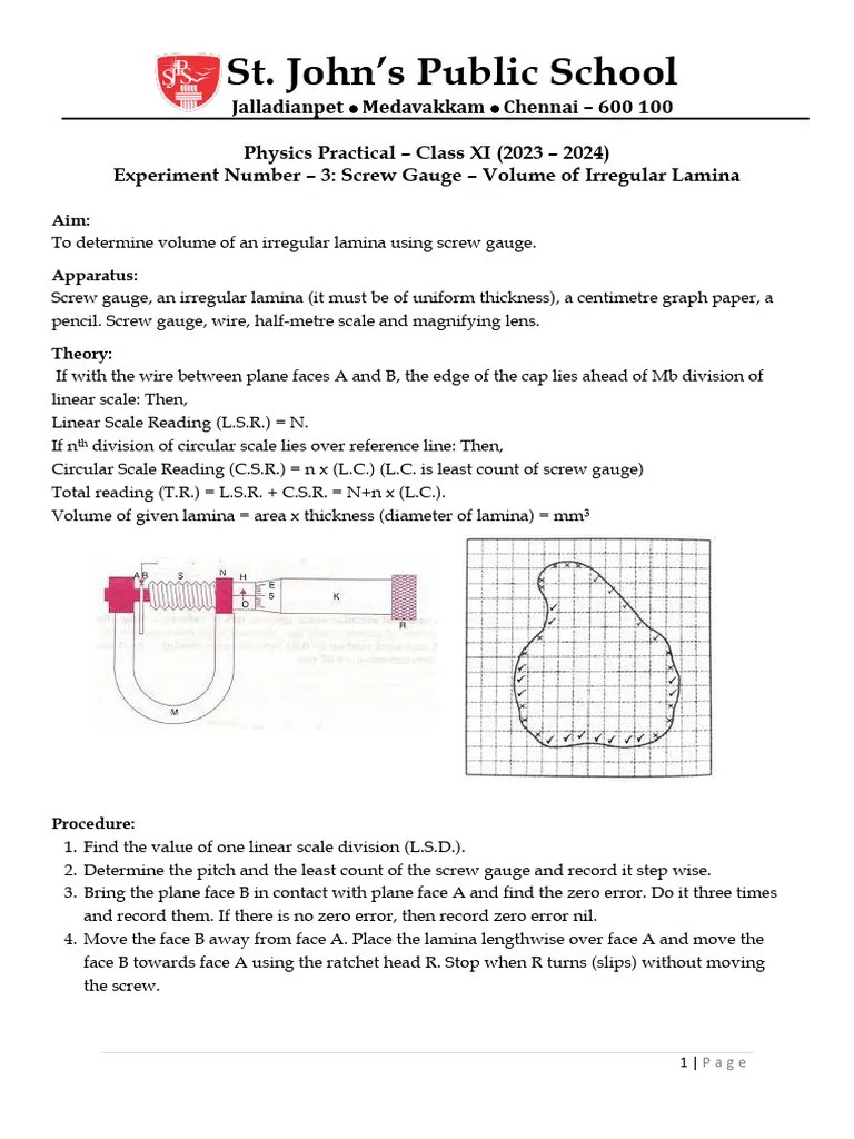 Physics Lab Manual - Class 11 Experiment No. 3 | PDF | Area